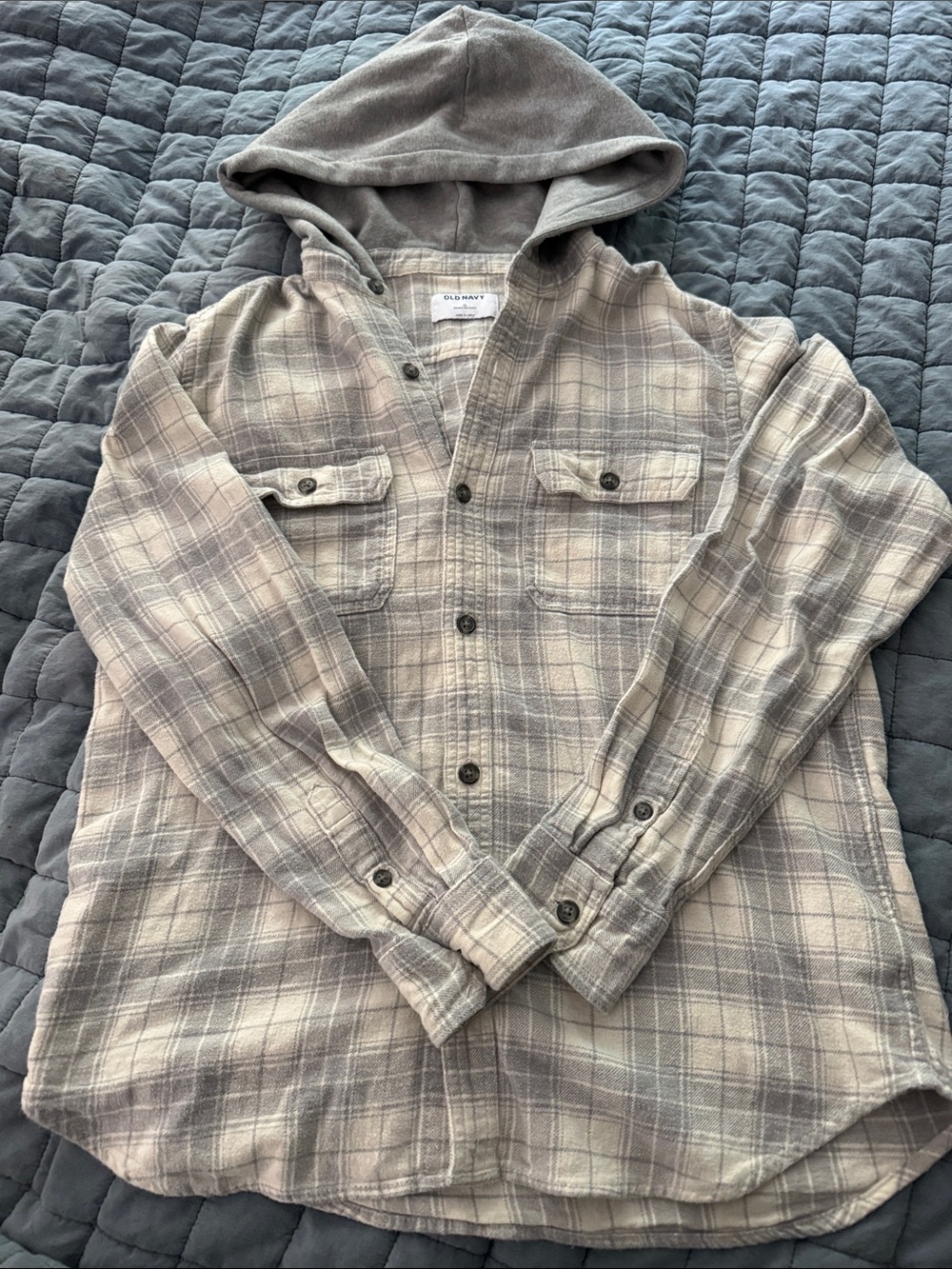 Old Navy Men's Hooded Plaid Button-Down Shirt Jacket - Gray & Cream